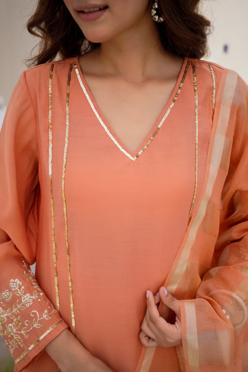 Mul Chanderi Suit Hand Work Suit