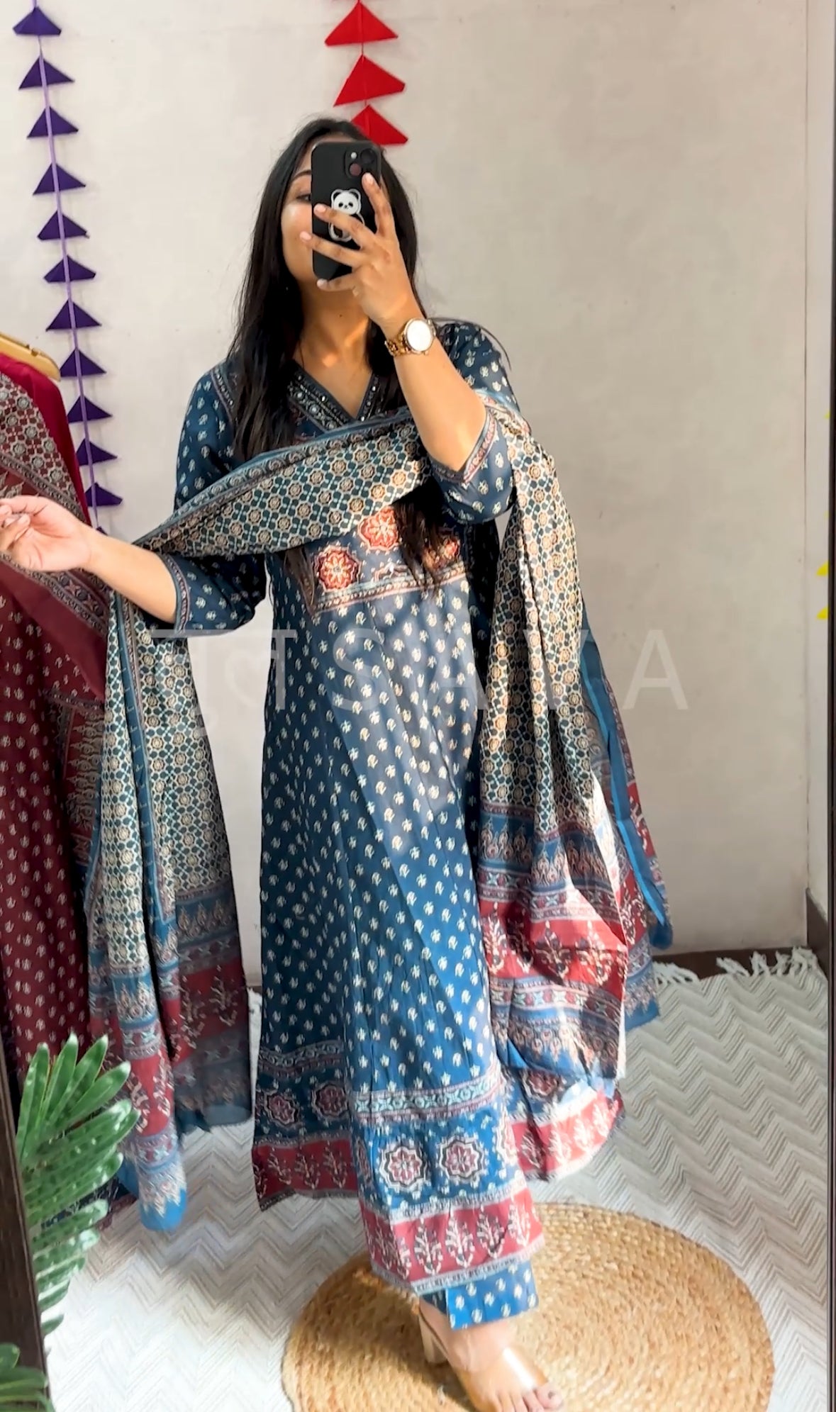 Pure Cotton Ajrakh Anarkali 3 piece suit