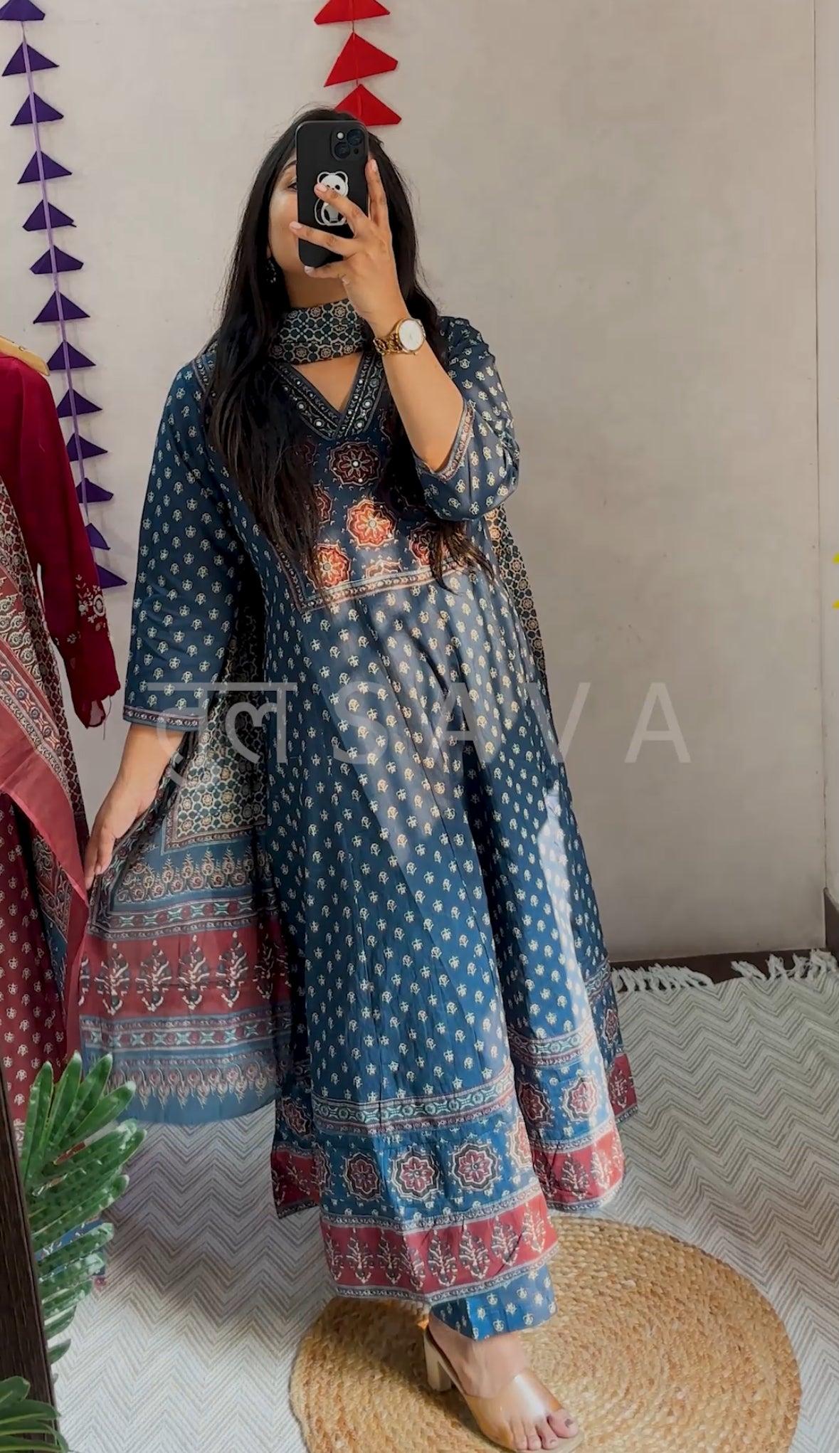 Pure Cotton Ajrakh Anarkali 3 piece suit