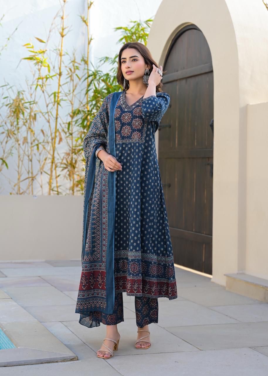 Pure Cotton Ajrakh Anarkali 3 piece suit