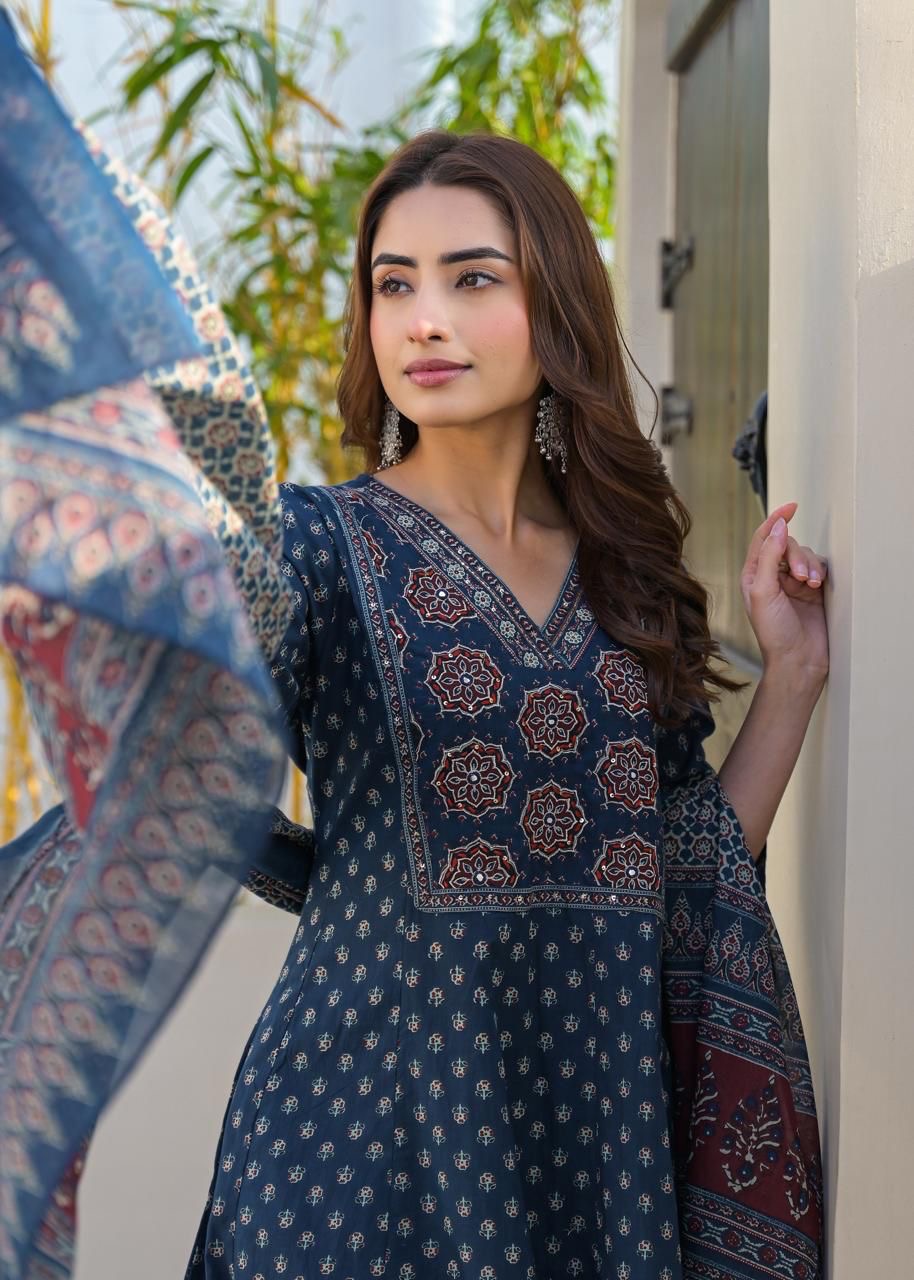 Pure Cotton Ajrakh Anarkali 3 piece suit
