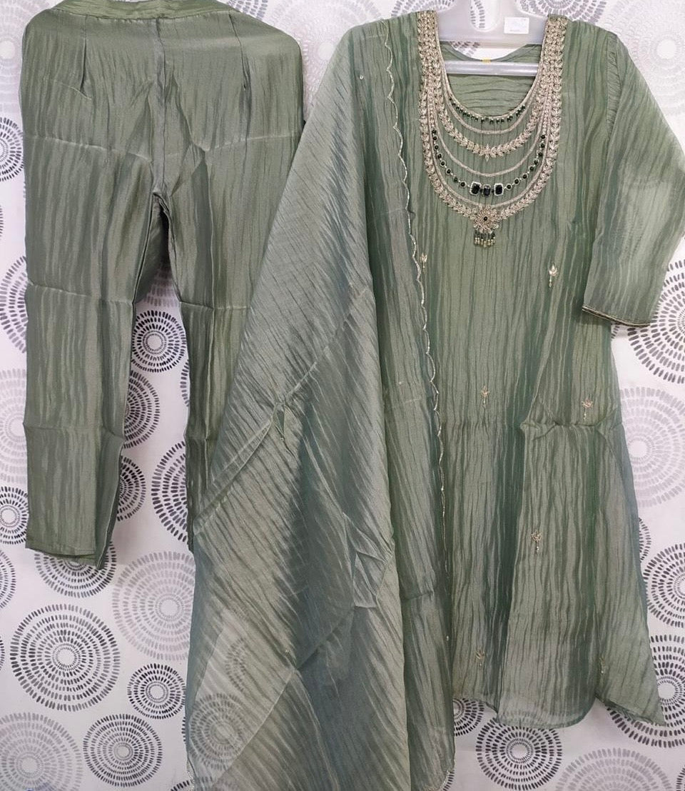 Pearl Embellished Tissue Crush Suit Set