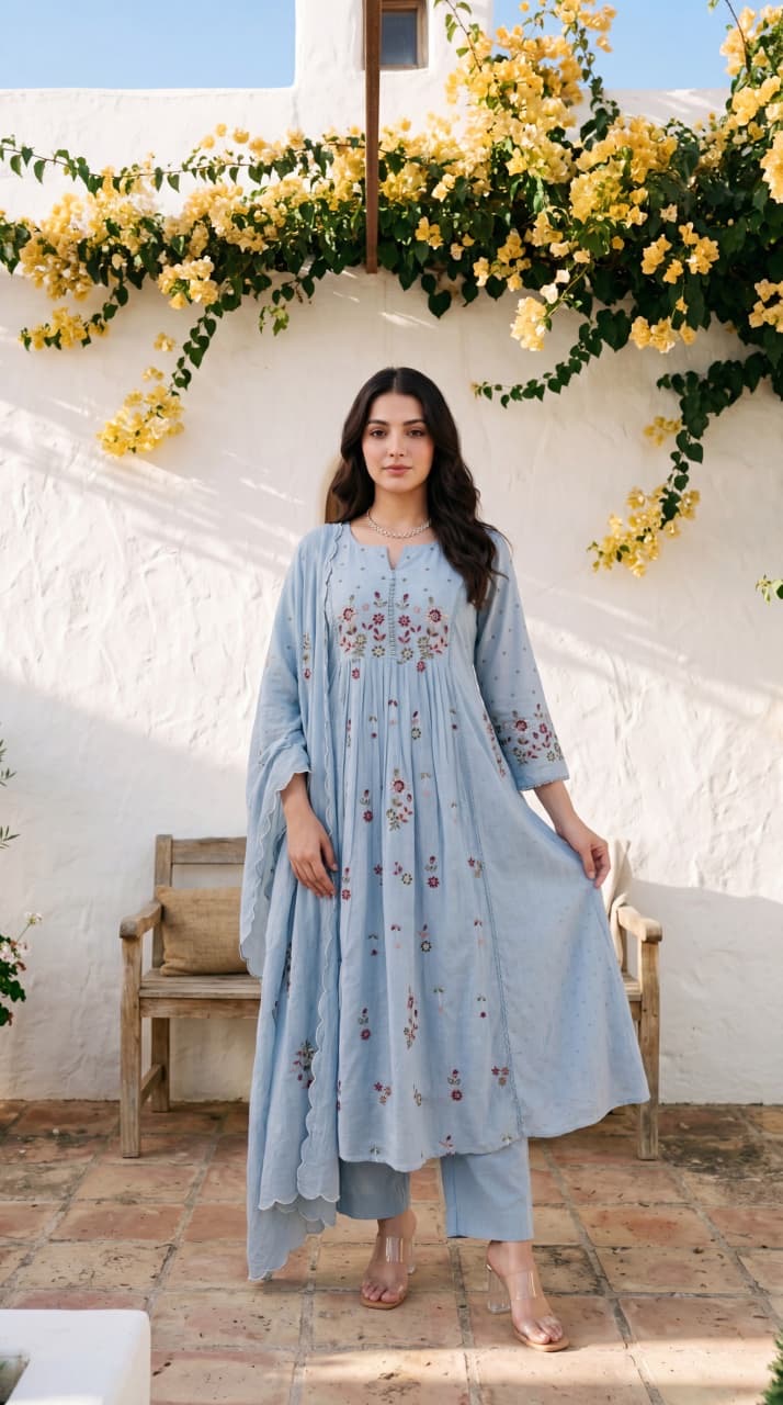 Ivory Blossom Cotton Thread Work Suit set