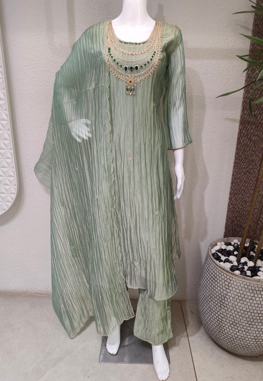 Pearl Embellished Tissue Crush Suit Set