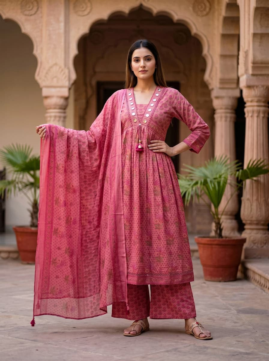 Cotton Mirror Work Elegant Suit.