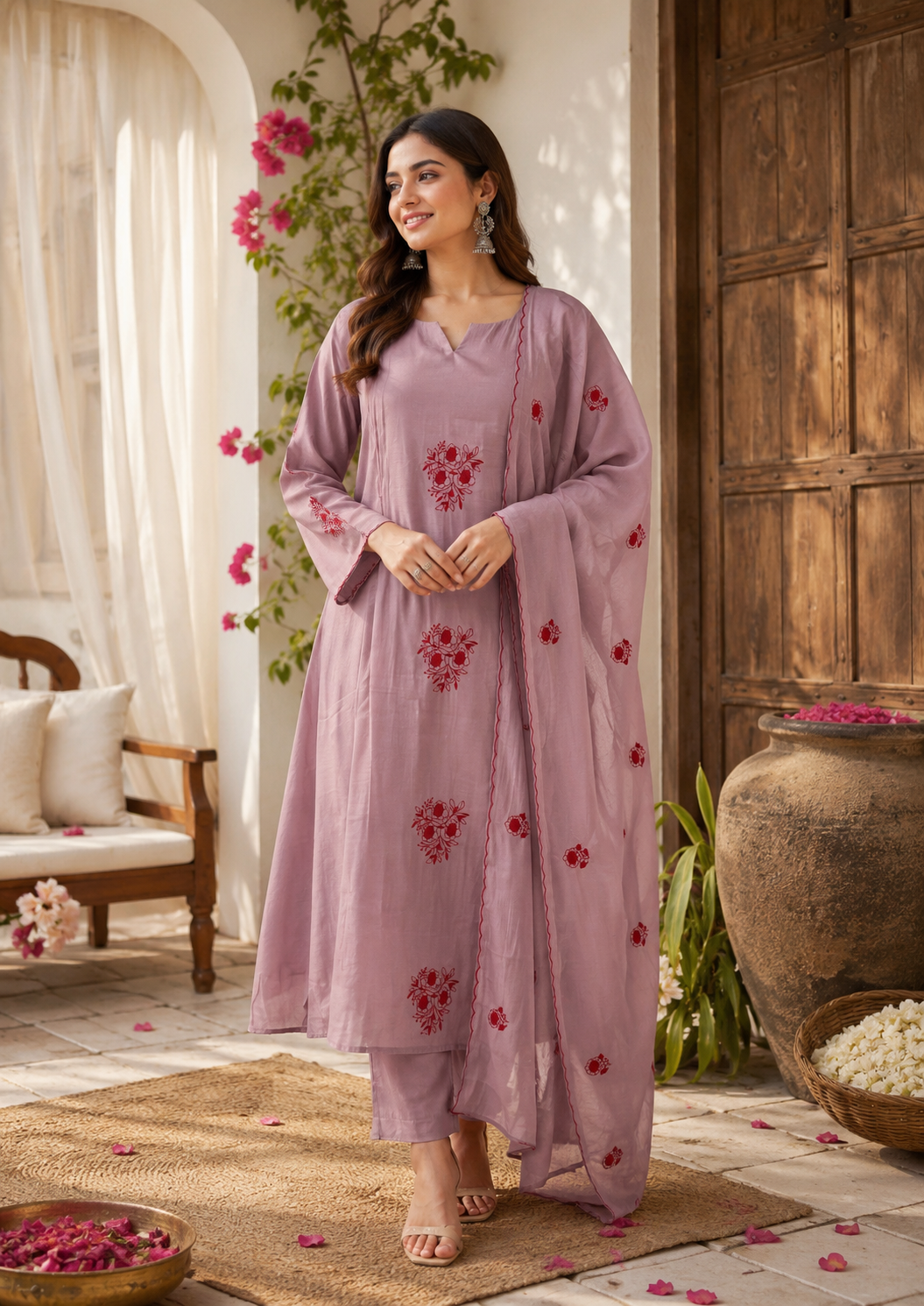 Crimson Bloom Mul Chanderi Suit Set