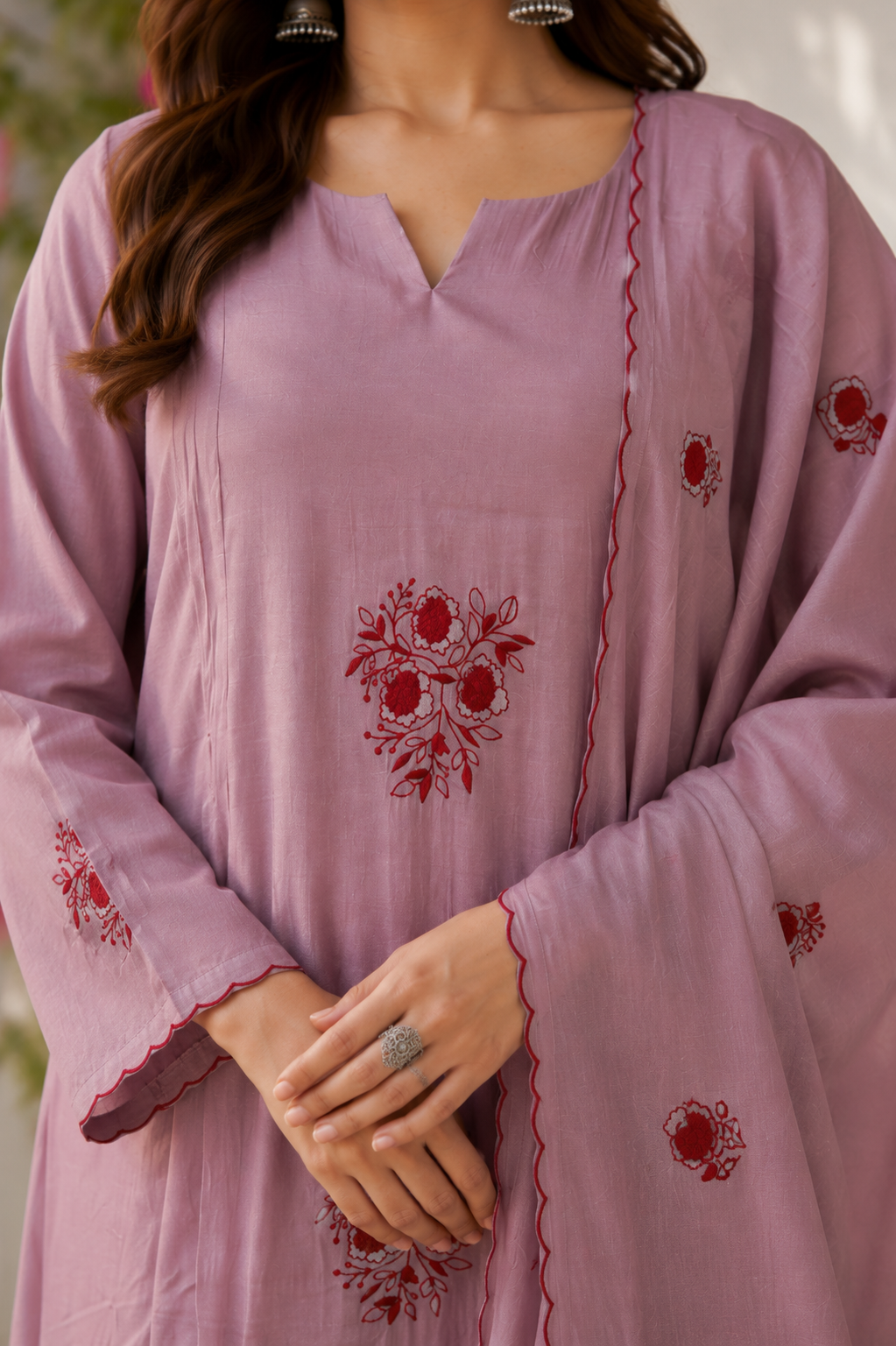 Crimson Bloom Mul Chanderi Suit Set