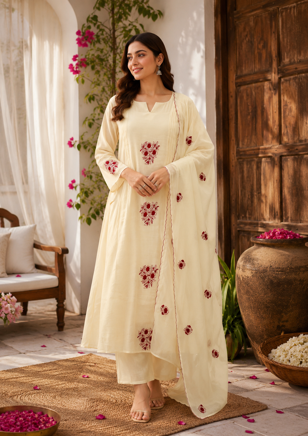 Crimson Bloom Mul Chanderi Suit Set