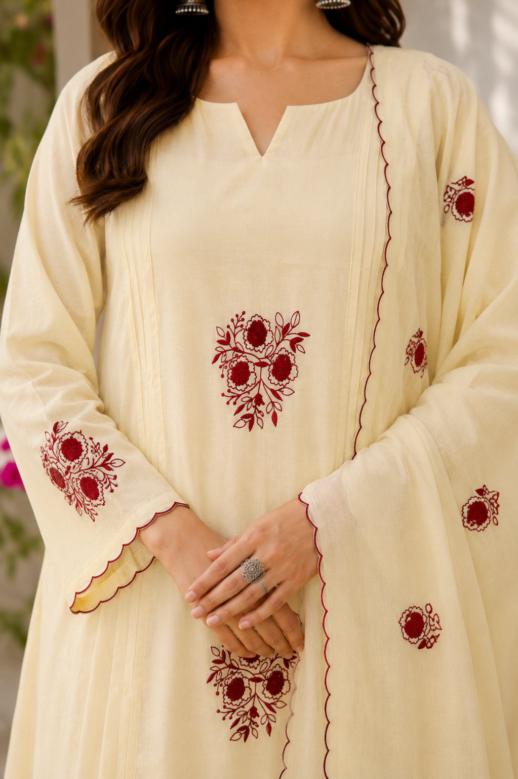 Crimson Bloom Mul Chanderi Suit Set