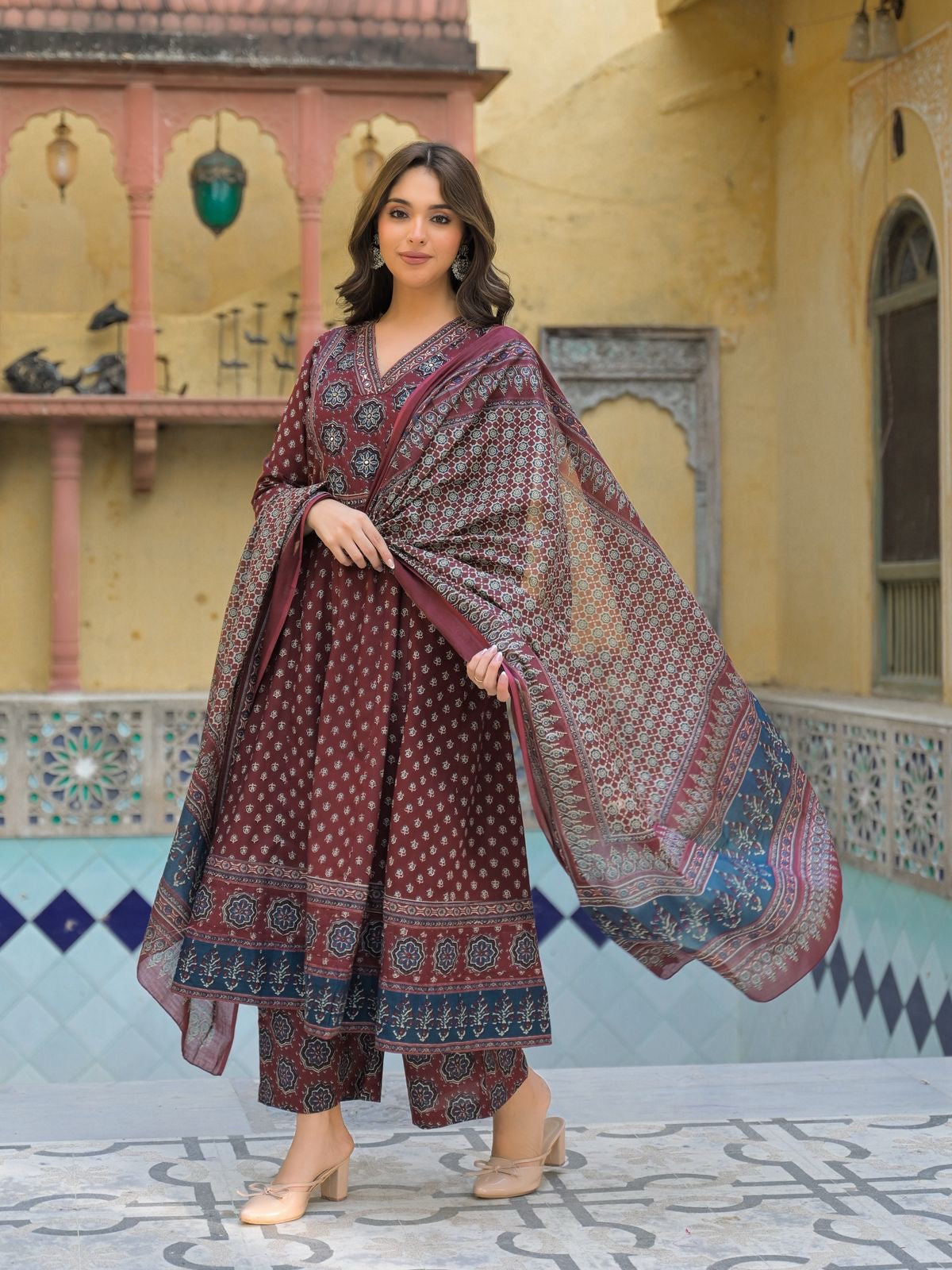 Pure Cotton Ajrakh Anarkali 3 piece suit