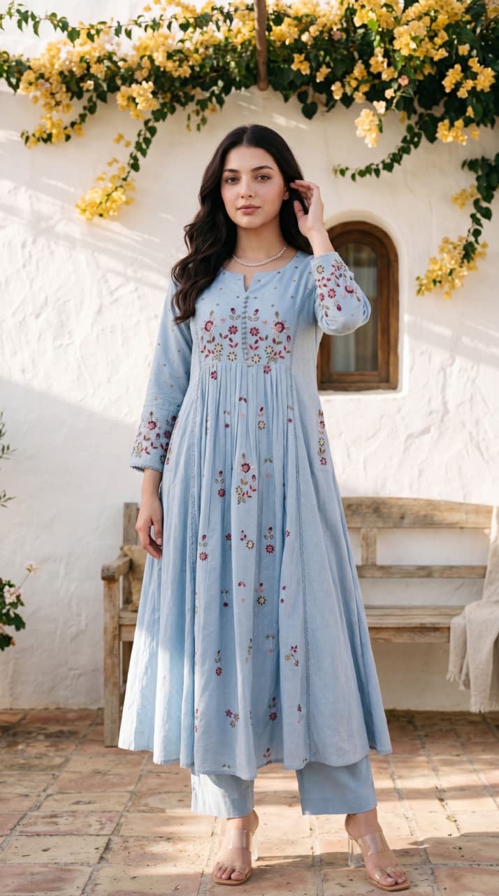 Ivory Blossom Cotton Thread Work Suit set