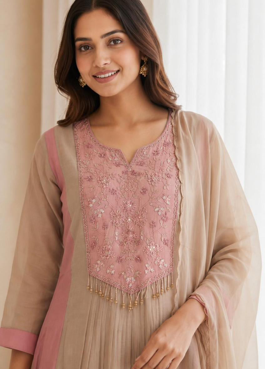 Meher Handwork Mul Chanderi Anarkali Set