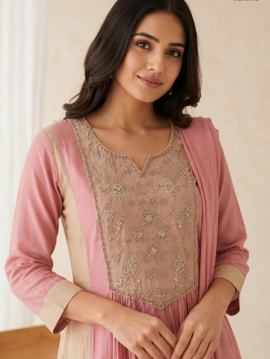 Meher Handwork Mul Chanderi Anarkali Set