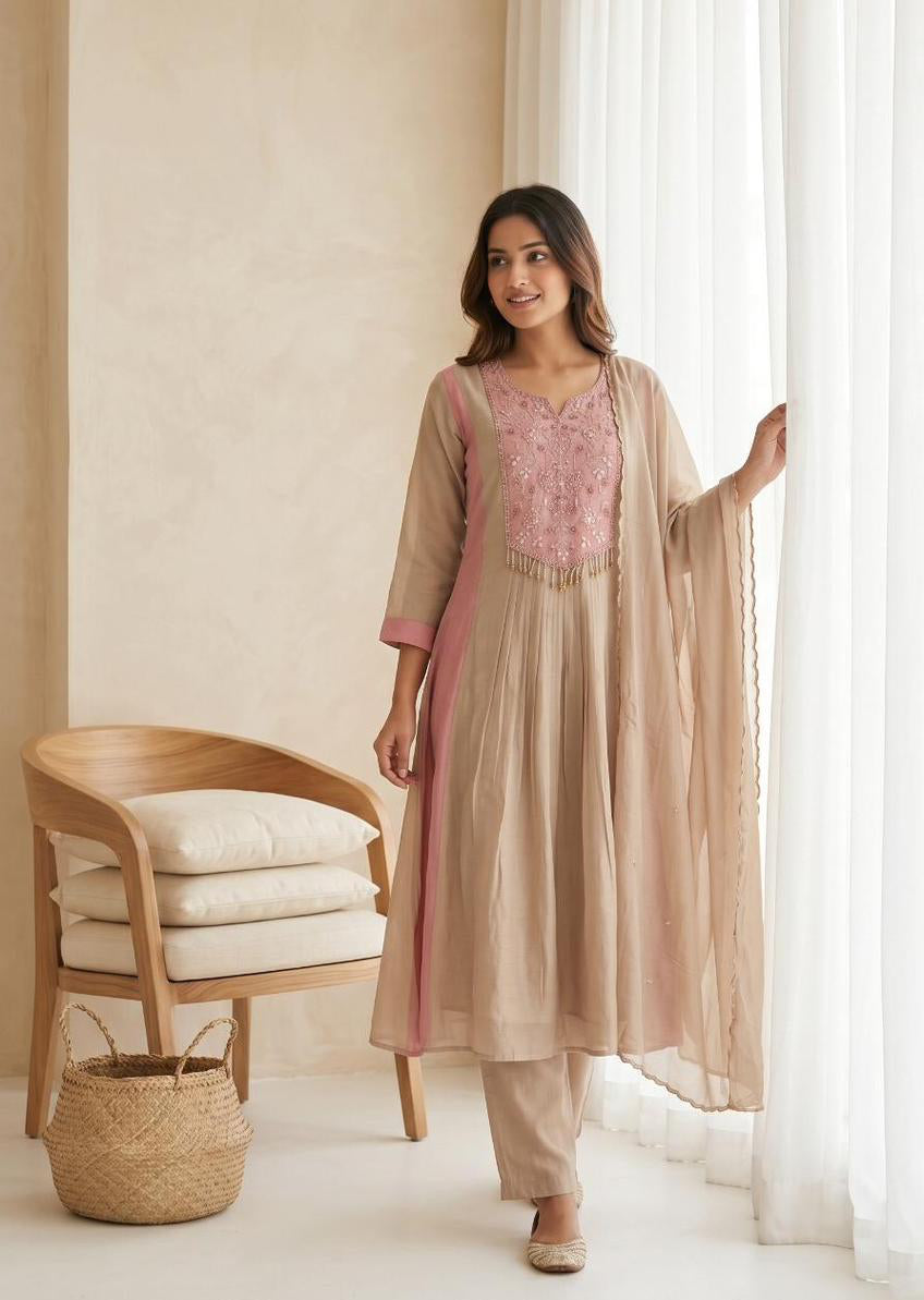 Meher Handwork Mul Chanderi Anarkali Set