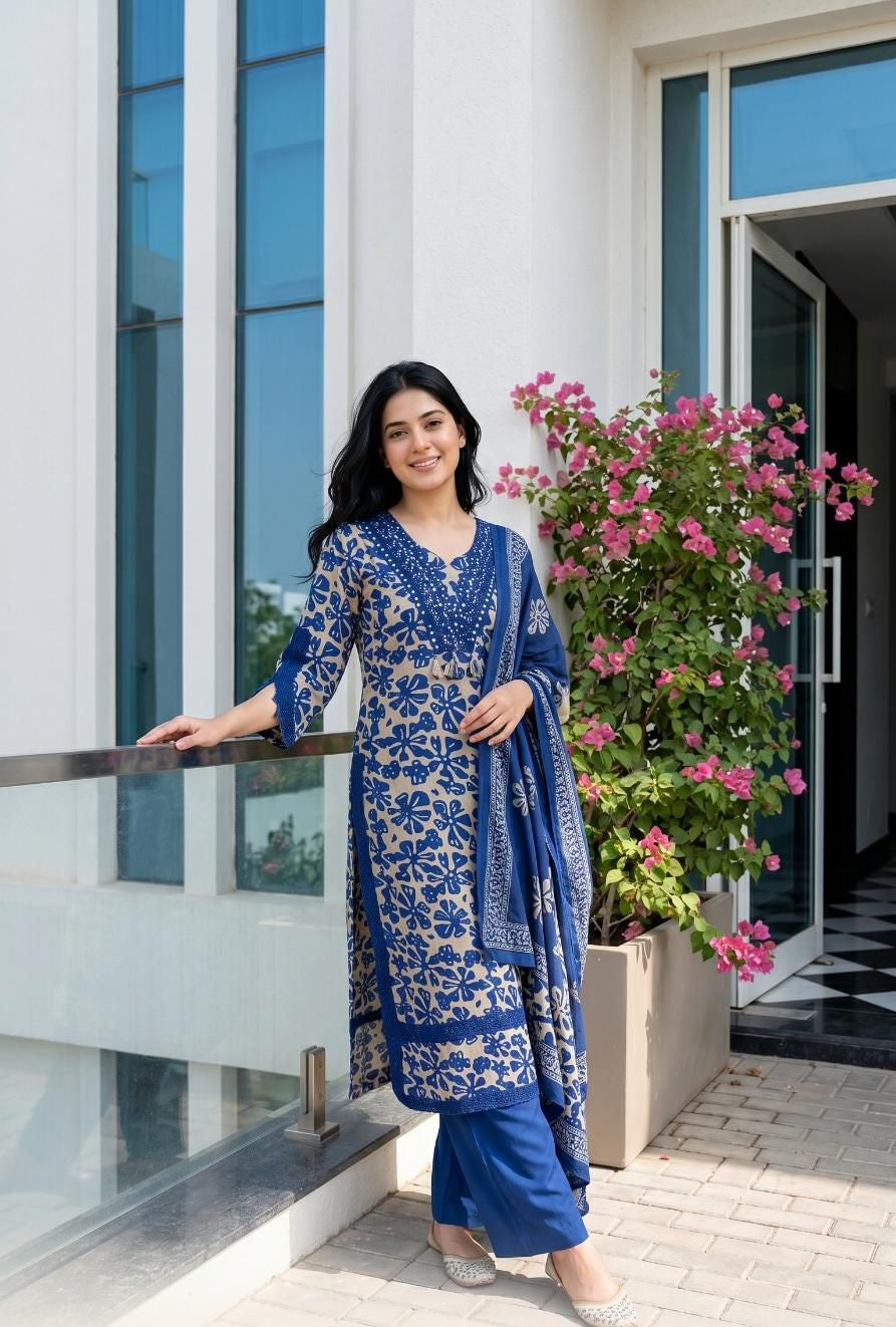 Printed Cotton Lacework Suit Set