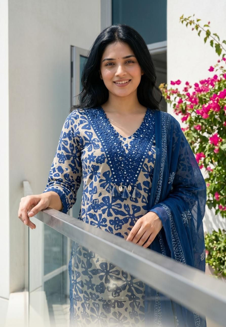 Printed Cotton Lacework Suit Set