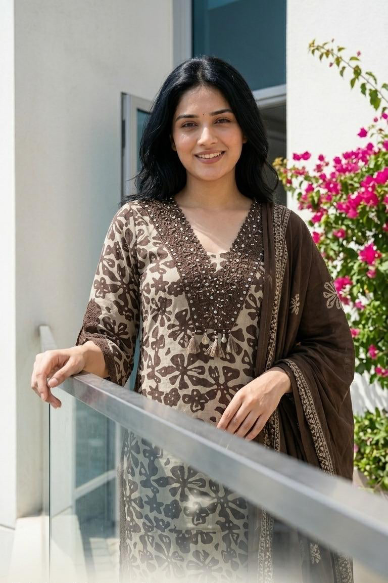 Printed Cotton Lacework Suit Set
