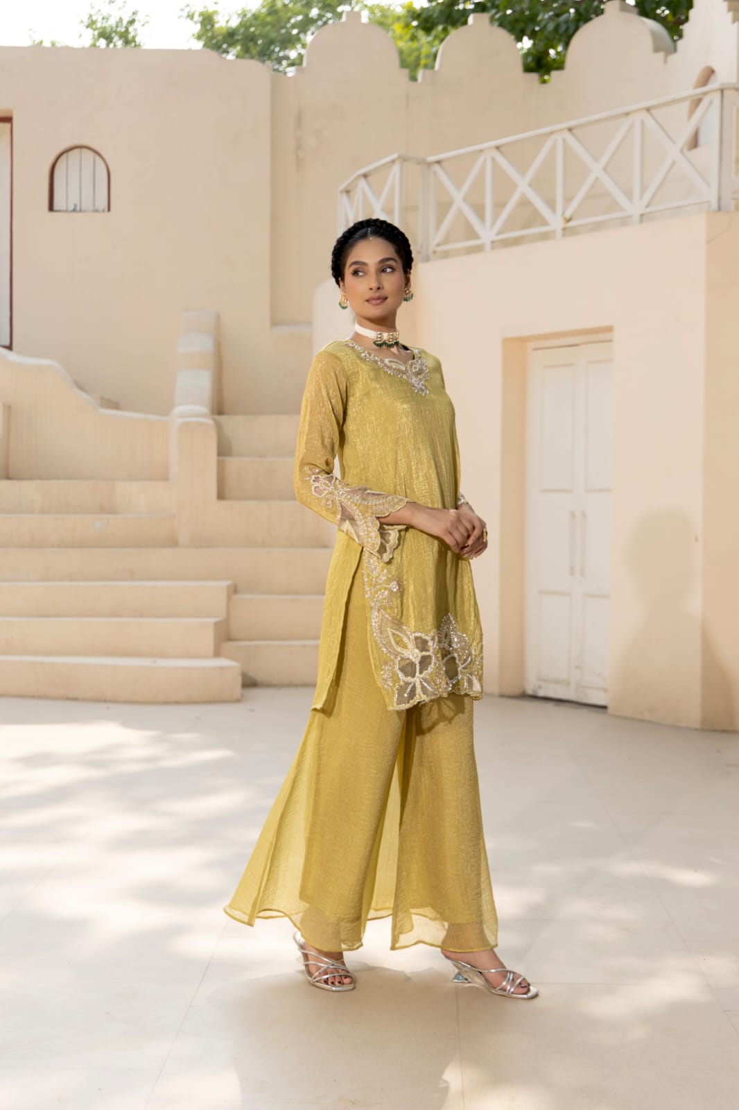 Golden Aura Shimmer Crush Tissue Suit Set