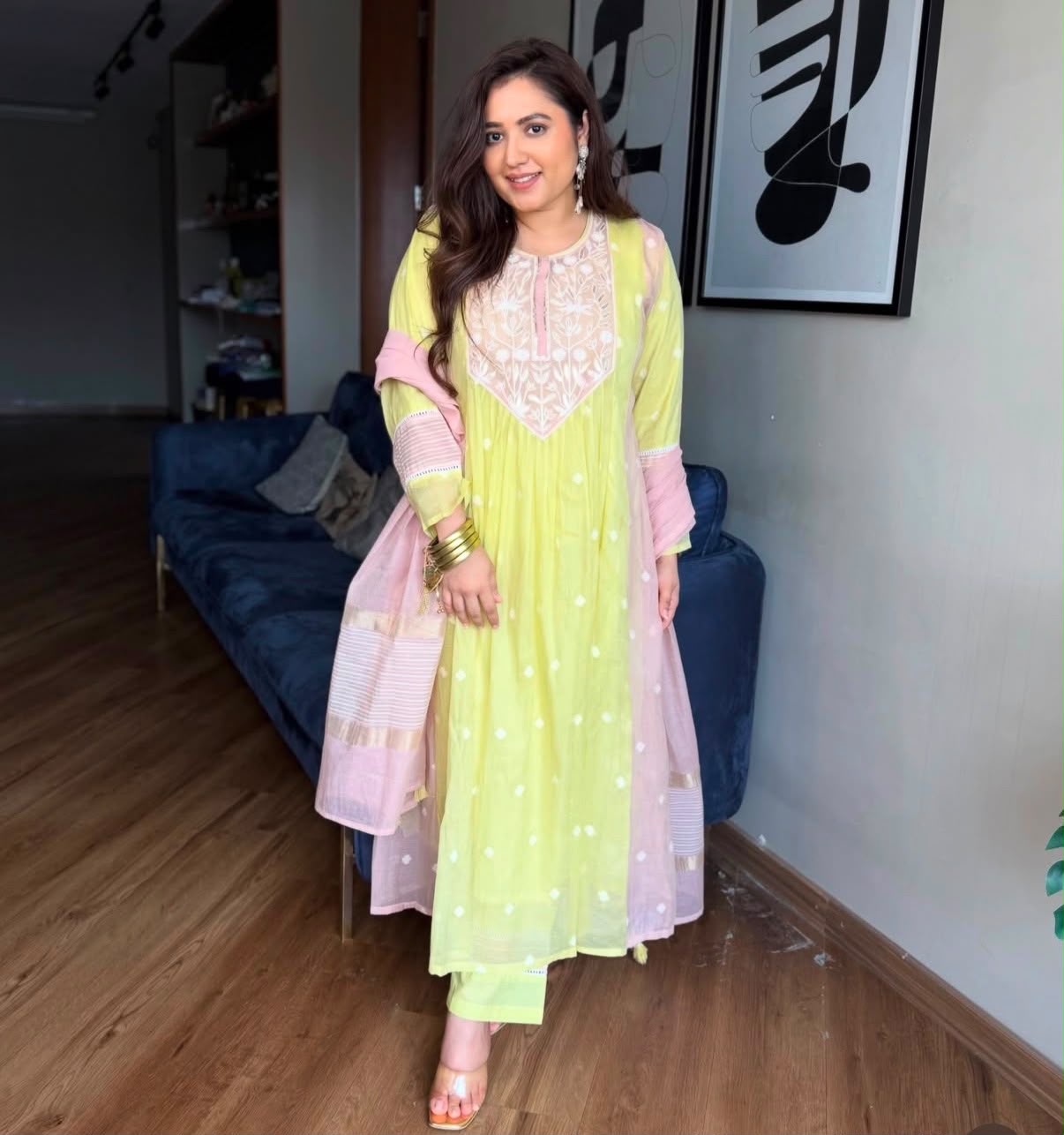 Lime Blush Mul Chanderi Suit Set
