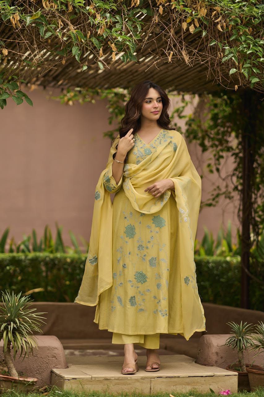 Lemon Mist Mul Chanderi Cord Suit Set