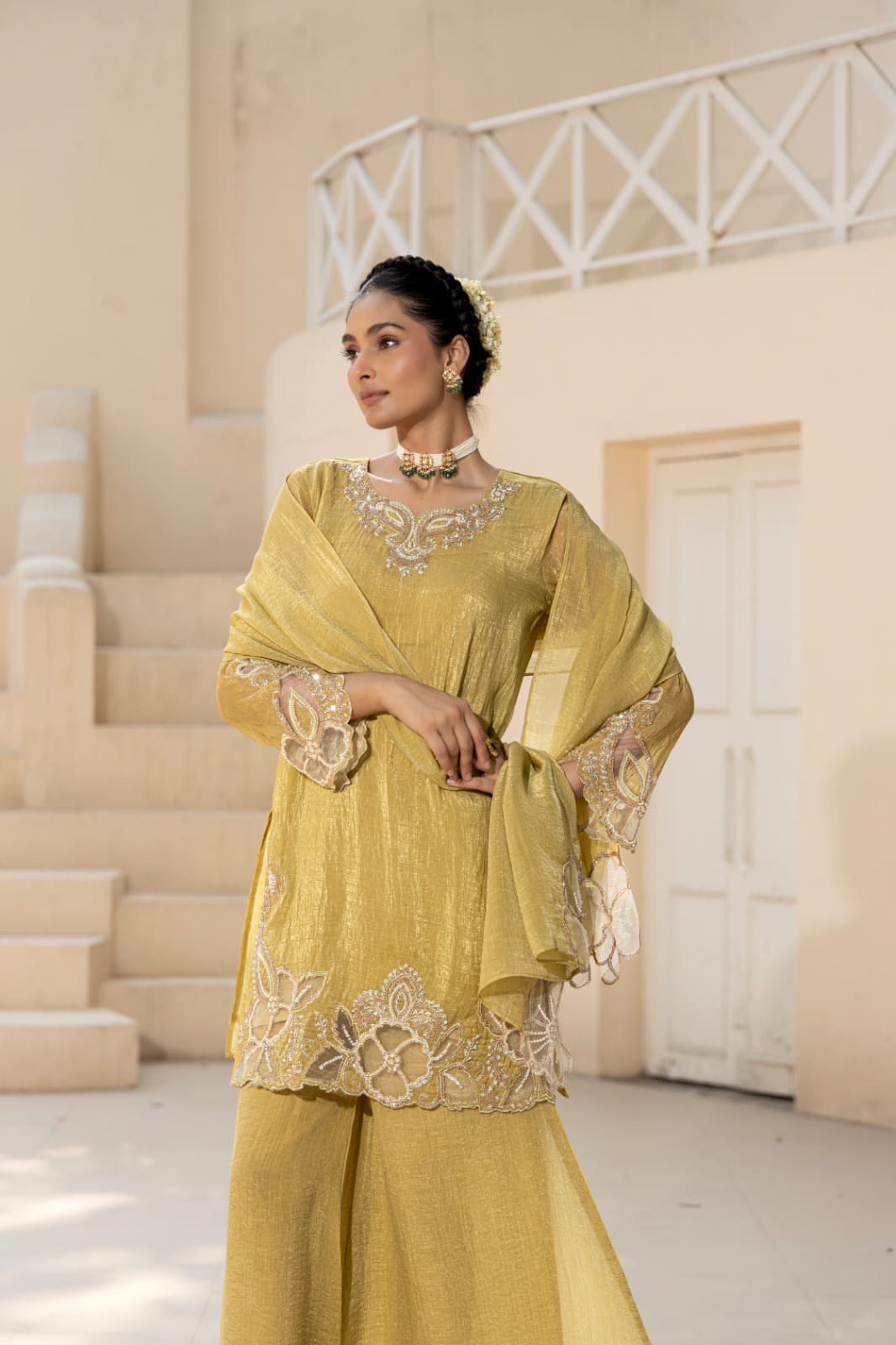 Golden Aura Shimmer Crush Tissue Suit Set