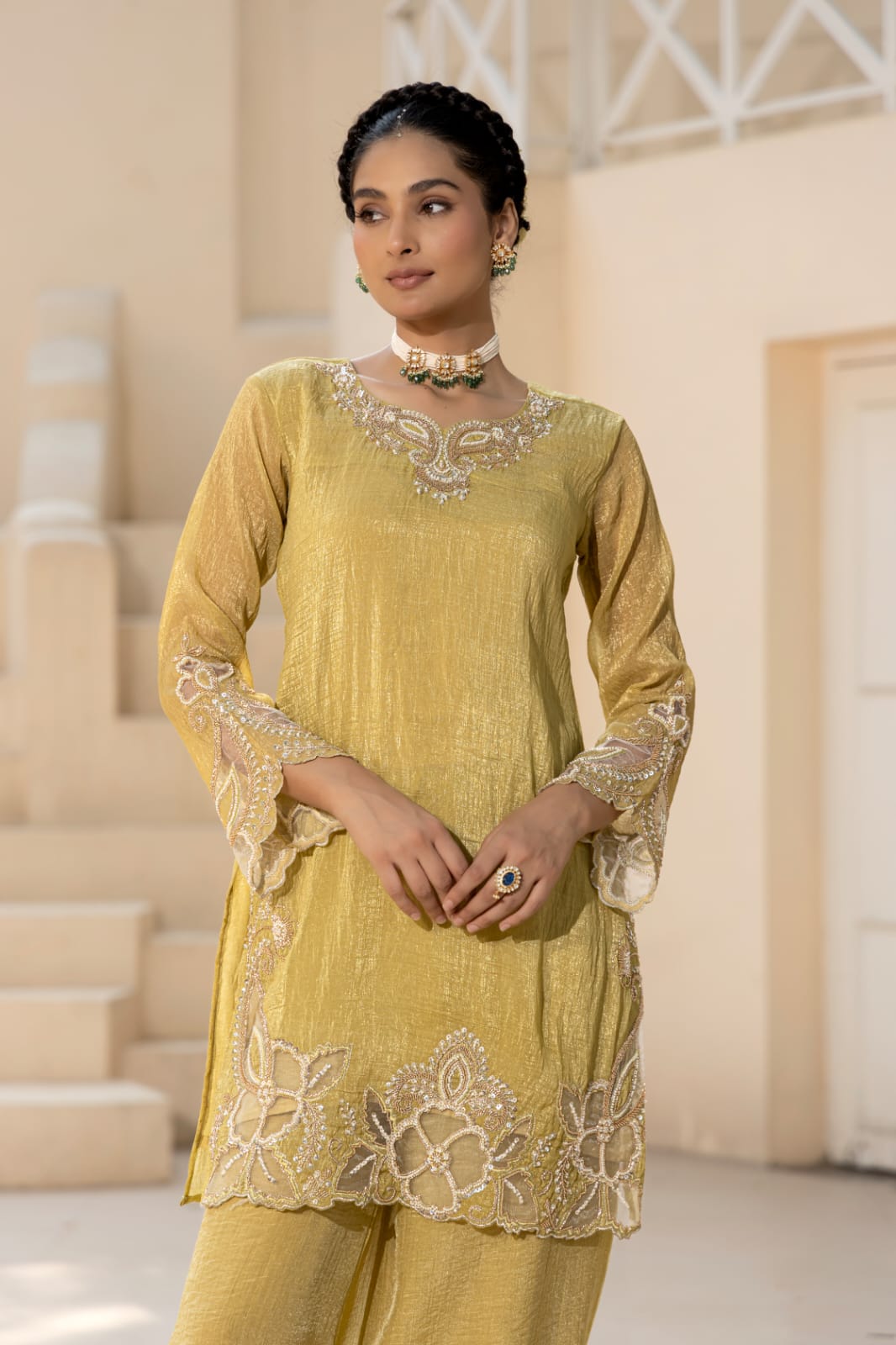 Golden Aura Shimmer Crush Tissue Suit Set
