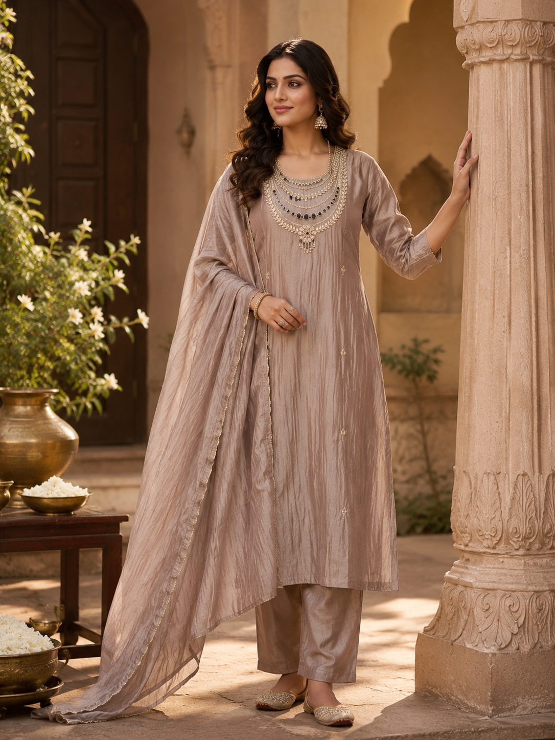 Pearl Embellished Tissue Crush Suit Set