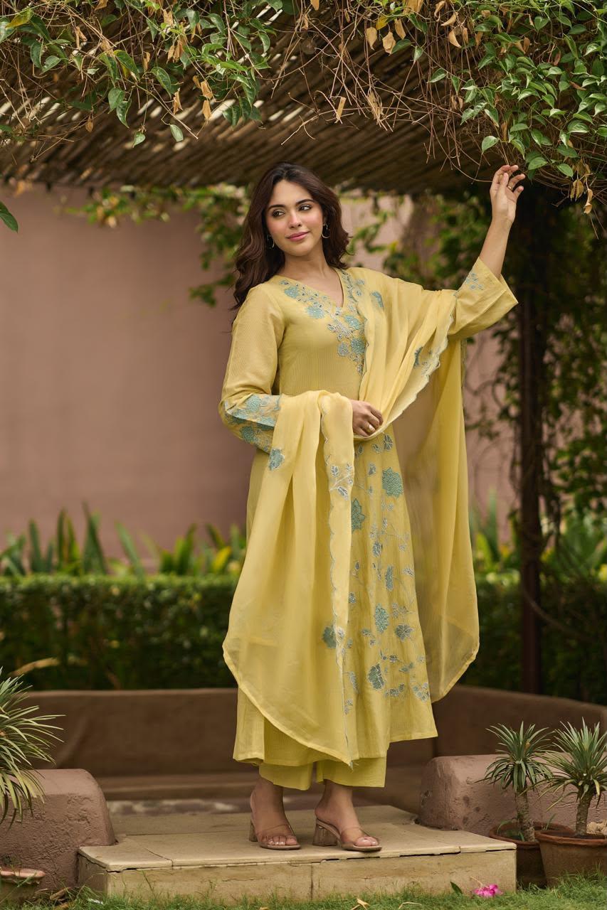 Lemon Mist Mul Chanderi Cord Suit Set