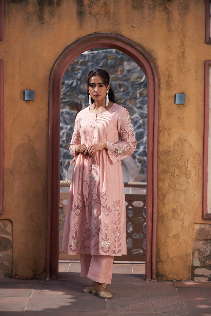 Rosé Blossom Mul Chanderi Suit Set