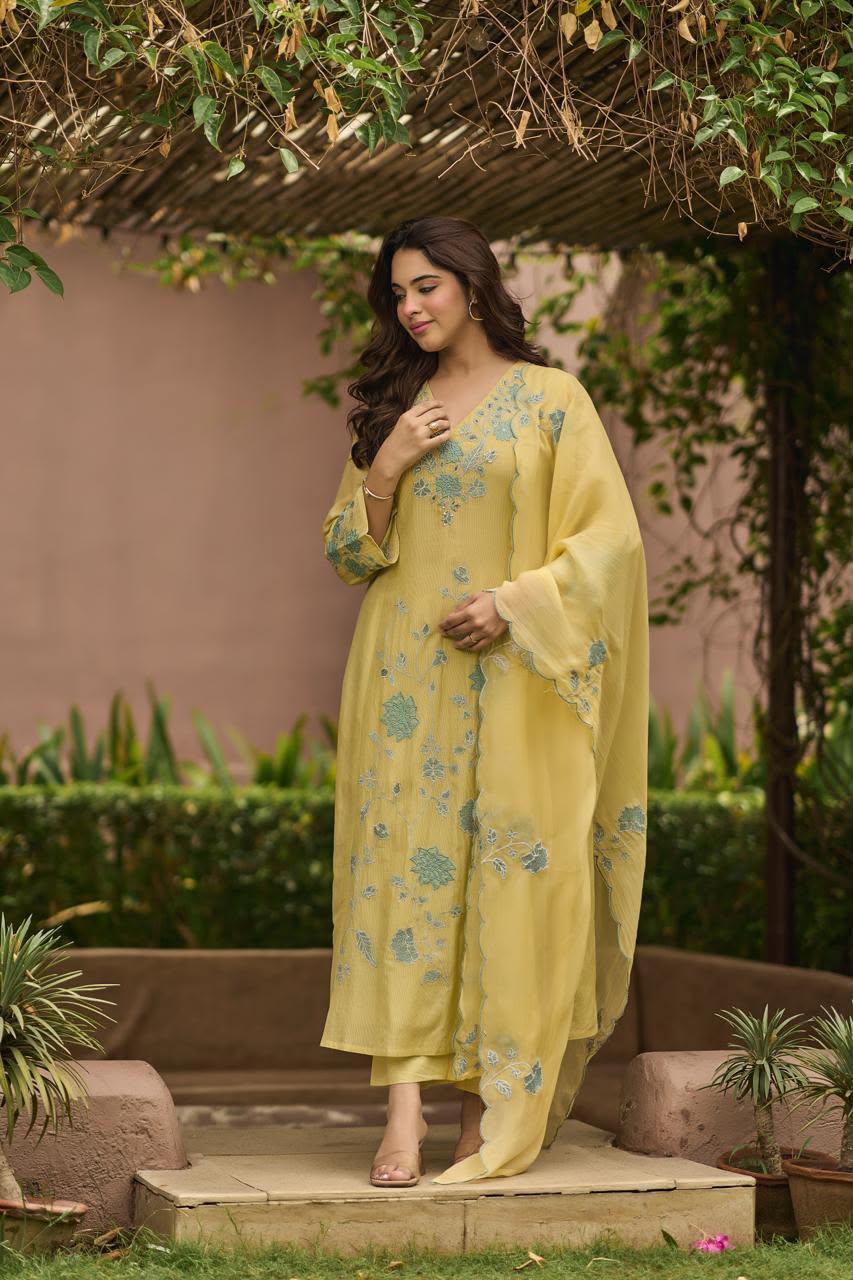 Lemon Mist Mul Chanderi Cord Suit Set