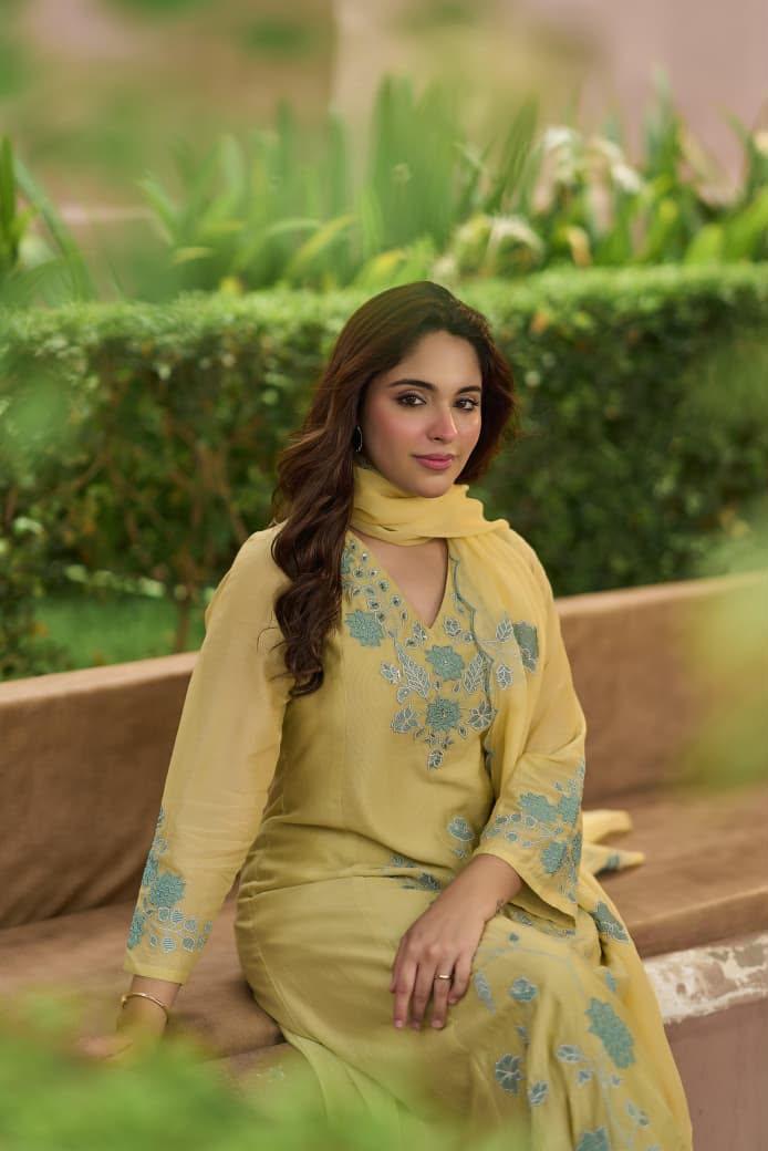 Lemon Mist Mul Chanderi Cord Suit Set