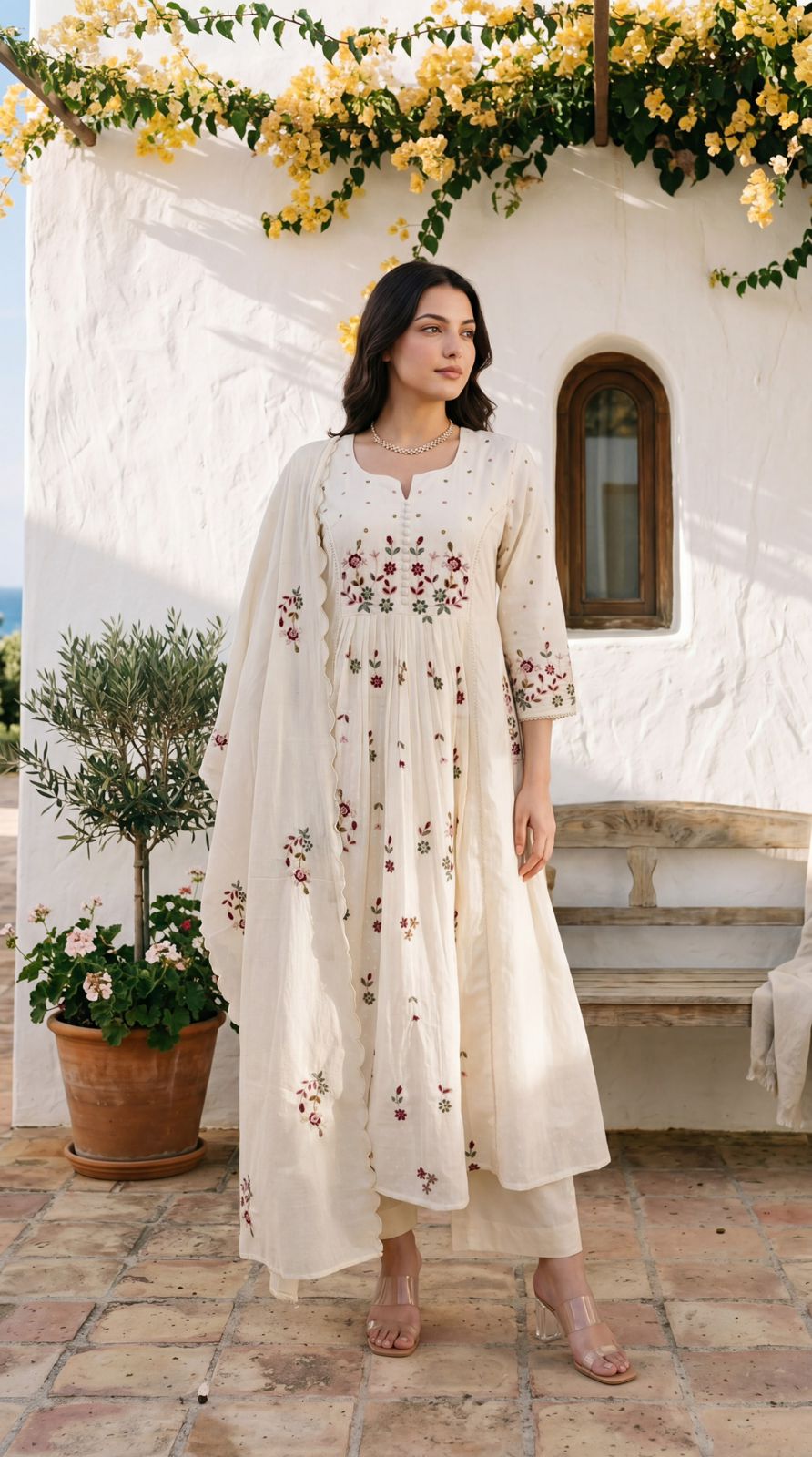 Ivory Blossom Cotton Thread Work Suit set