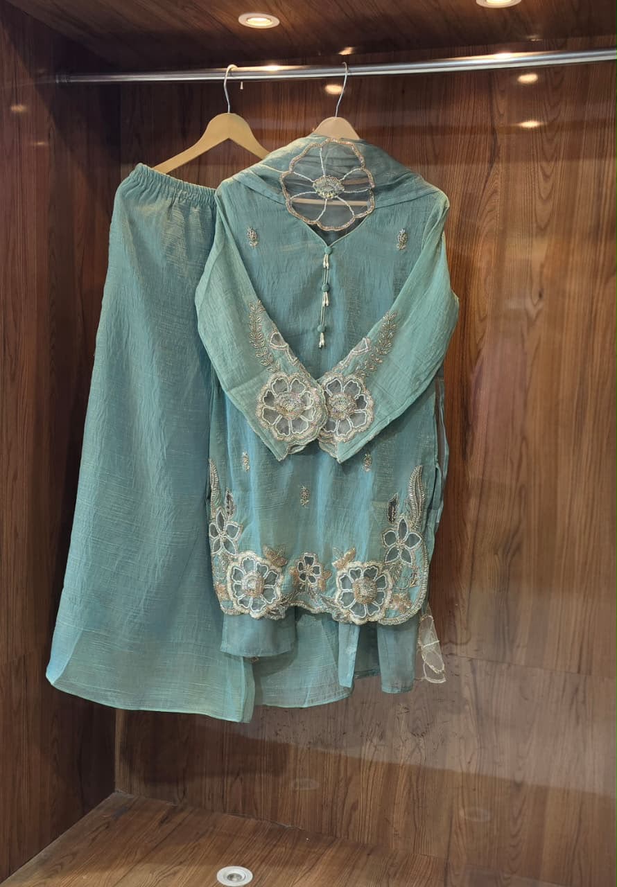 Azure Bloom Shimmer Crush Tissue Suit Set
