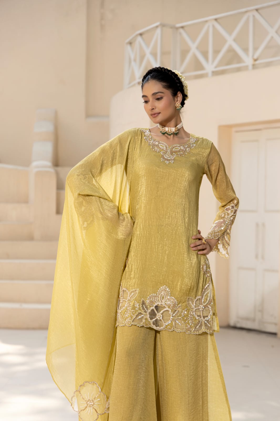 Golden Aura Shimmer Crush Tissue Suit Set