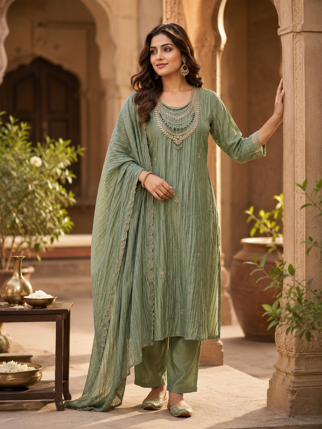 Pearl Embellished Tissue Crush Suit Set