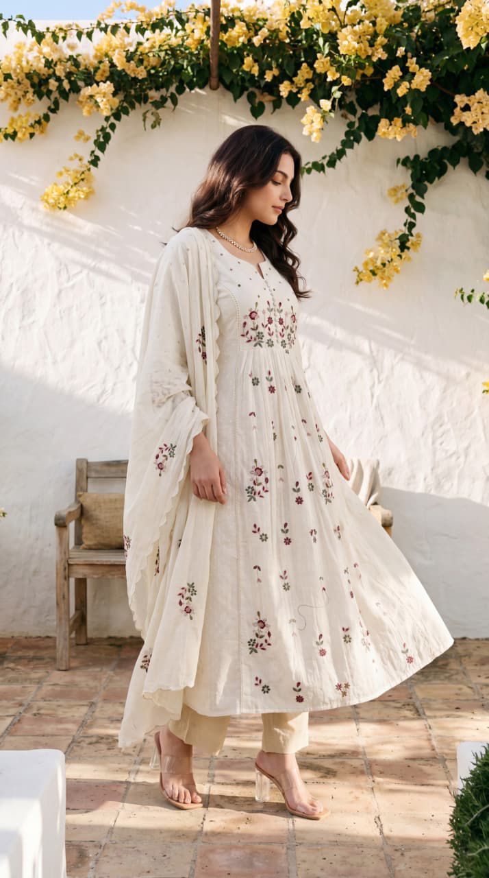 Ivory Blossom Cotton Thread Work Suit set